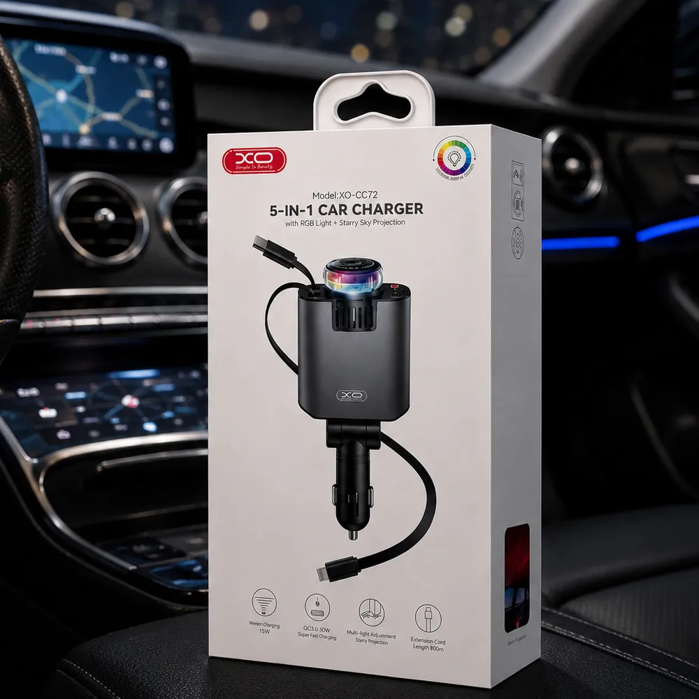 Автомобільна зарядка XO CC72 5в1 — зоряне небо, ароматизатор та RGB підсвітка в авто